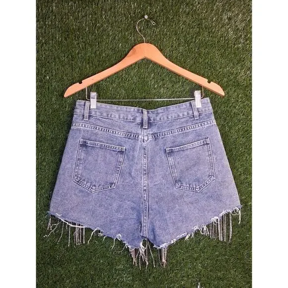 Windsor Rhinestone Fringe Denim Shorts High Waist Distressed Festival Bling M - Picture 2 of 8